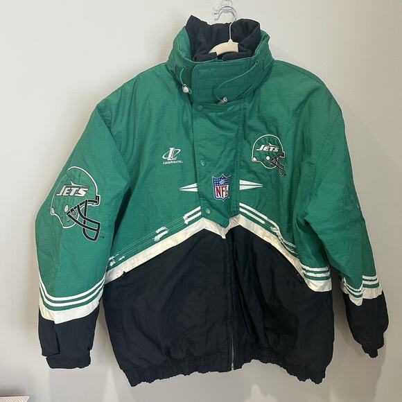 New York Jets 90sLOGO ATHLETIC puffer jacket 2X Kelly/black NFL Pro Line - Picture 1 of 10